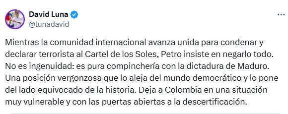 Con esta publicación en sus redes sociales, el precandidato se refirió a la existencia del cartel de los Soles - crédito @lunadavid/x