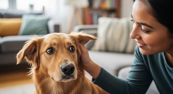 Primer plano de una mujer acariciando la cabeza de un perro de pelaje dorado con ojos grandes y una expresión de preocupación, en el salón de una casa.