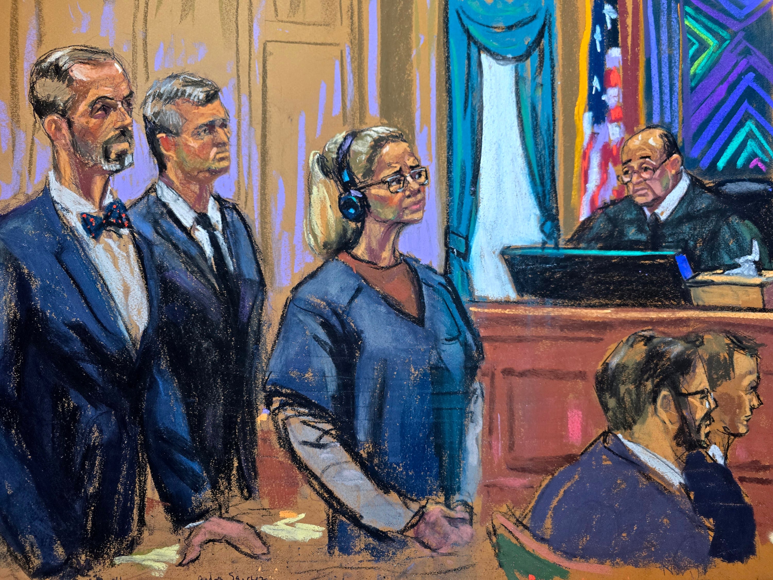 Fotografía de archivo de un dibujo realizado por la artista Jane Rosenberg que muestra a Cilia Flores (c), esposa del depuesto dictador venezolano Nicolás Maduro, escuchando al juez Alvin Hellerstein (d), junto a sus abogados defensores Mark Donnelly (i) y Andrés Sáchez (2i), durante una audiencia en un tribunal de Nueva York (Estados Unidos) (EFE/Jane Rosenberg)
