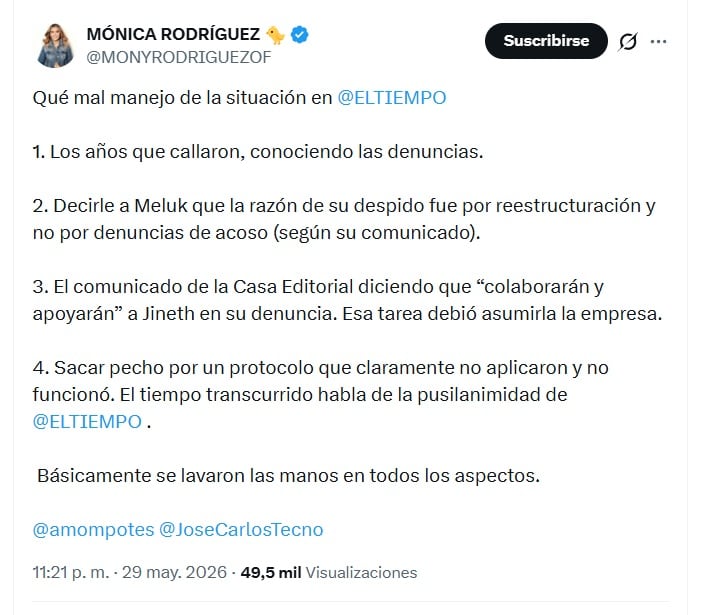 Rodríguez se pronunció un par de horas después de la emisión del comunicado por parte de Casa Editorial El Tiempo, la noche del viernes 29 de mayo de 2026 - crédito @MONYRODRIGUEZOF/X