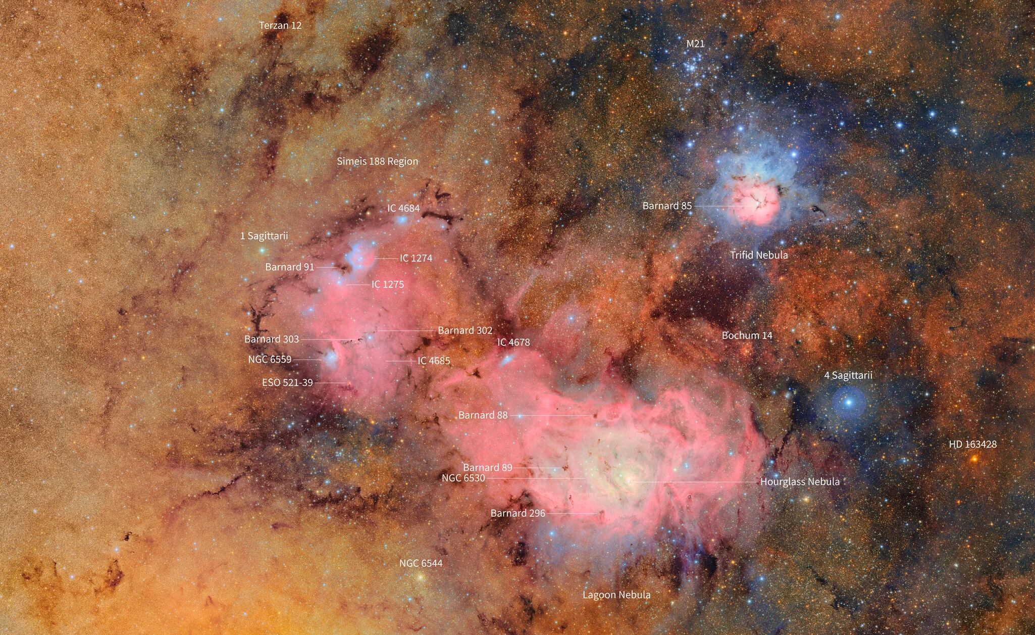 El telescopio más grande del mundo, ubicado en Chile, obtiene imágenes inéditas de las nebulosas Trífida y Laguna en la constelación Sagitario. (NSF-DOE Observatorio Vera C. Rubin)