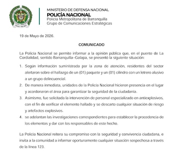 Comunciado oficial de la Policía Metropolitana de Barranquilla - crédito Policía Nacional