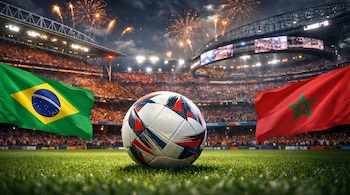 Un balón de fútbol blanco con detalles rojos y azules en el césped de un estadio. Las banderas de Brasil y Marruecos lo flanquean, con fuegos artificiales en el cielo.