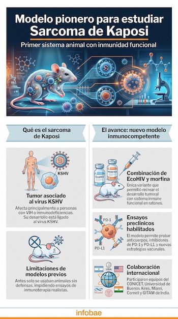 Infografía de un ratón con virus y células, microscopio, matraces, jeringas, moléculas, mapas, banderas y logos, con texto sobre Sarcoma de Kaposi.