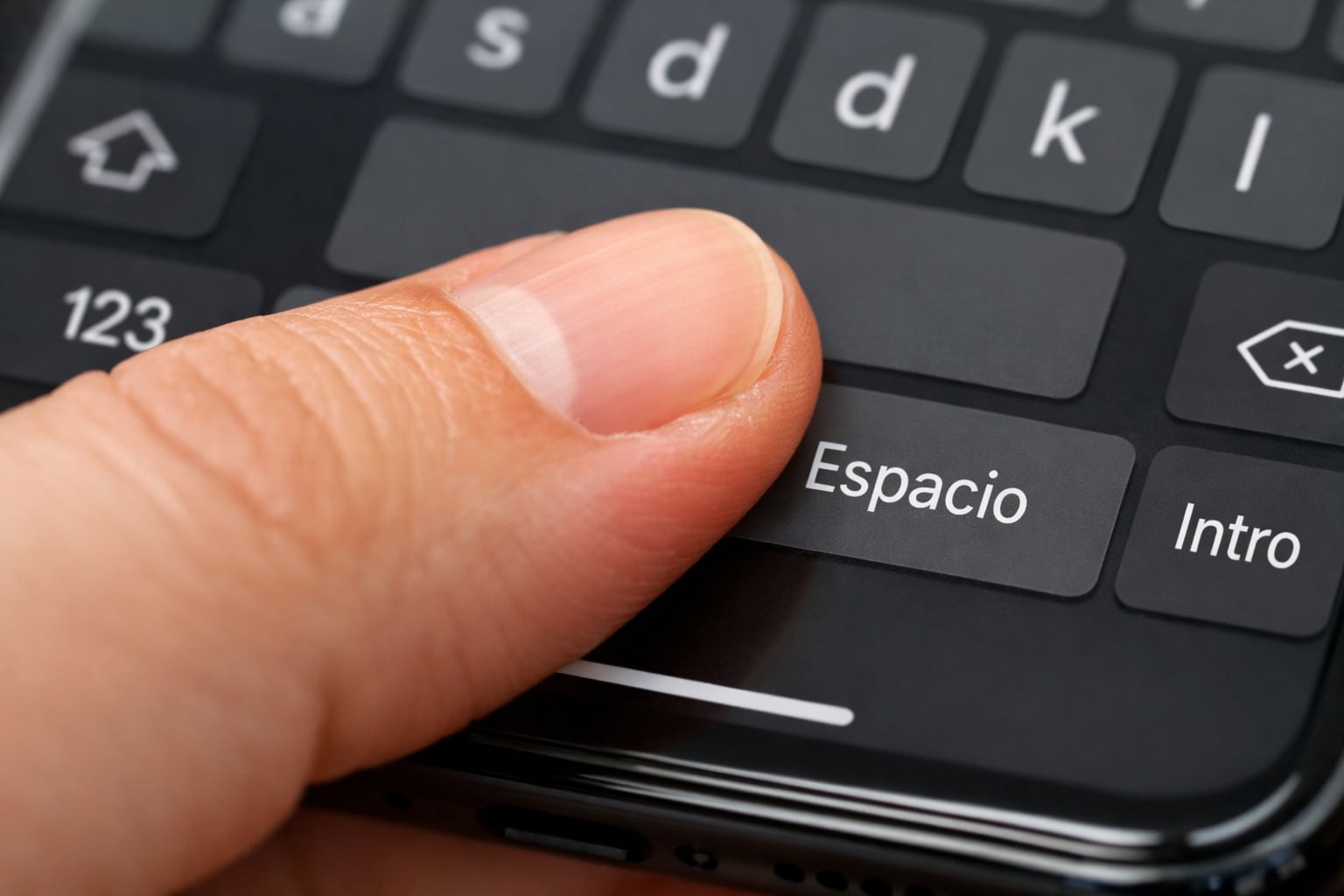 Un primer plano muestra el dedo de una persona presionando la barra espaciadora de un teclado virtual en la pantalla de un teléfono celular. (Imagen Ilustrativa Infobae)