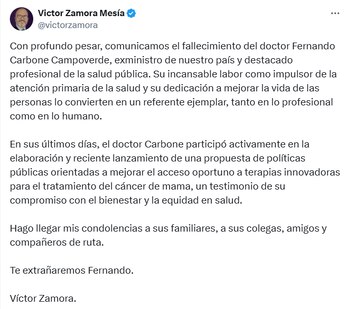 Publicación de Víctor Zamora ante