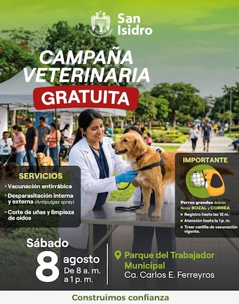 La campaña veterinaria se llevará a cabo este sábado 08 de agosto - Créditos: Municipalidad de San Isidro.