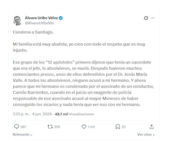 Álvaro Uribe Vélez sobre su condena a su hermano, Santiago