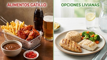 Imagen partida: izquierda con frituras, refresco, cerveza, salsas y chiles. Derecha con pollo, pescado a la plancha, arroz integral, vegetales al vapor y agua.