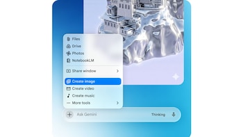 Interfaz digital con menú desplegable que resalta la opción 'Crear imagen' y una barra inferior que dice 'Preguntar a Gemini'. De fondo, una estructura arquitectónica metálica brillante