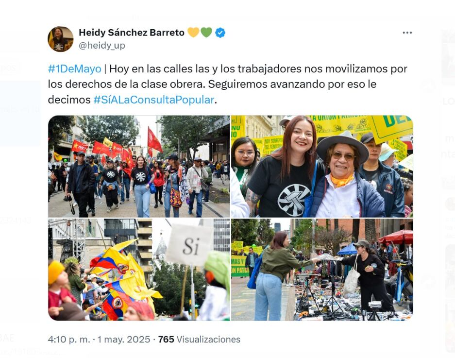 Heidy Sánchez apoyó la consulta popular del Gobierno Peto desde las calles durante el Día del Trabajo - crédito @heidy_up/X