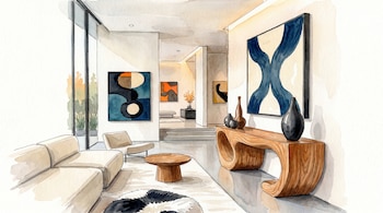 Ilustración en acuarela de un interior moderno con sofá, sillón, mesas de madera, alfombra de piel, jarrones decorativos, cuadros abstractos y grandes ventanales.