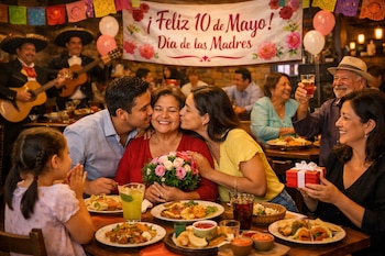 Una madre sonriente recibe besos de su hijo e hija, sosteniendo un ramo de flores, en una mesa de restaurante. Familiares y mariachis celebran el 10 de Mayo.