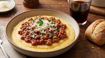 Un plato de polenta con salsa boloñesa, queso rallado y perejil fresco sobre una mesa de madera. Al lado hay pan, un vaso con vino tinto y un plato con queso rallado.