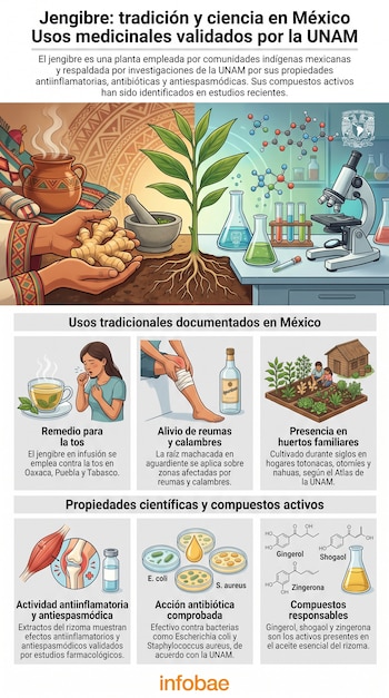 Infografía sobre el jengibre con ilustraciones de personas, plantas de jengibre, botellas, microscopio, tubos de ensayo, placas de Petri y fórmulas químicas.
