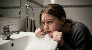 Mujer joven con suéter gris oscuro inclinada sobre un lavabo blanco de porcelana en un baño con baldosas claras, un grifo cromado, espejo y toalla.