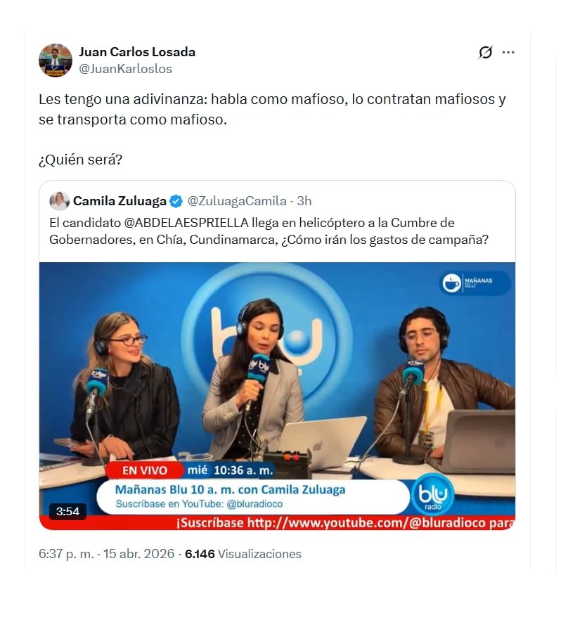 Con este comentario en sus redes sociales, el representante Juan Carlos Losada lanzó fuertes señalamientos a Abelardo de la Espriella - crédito @JuanKarloslos/X