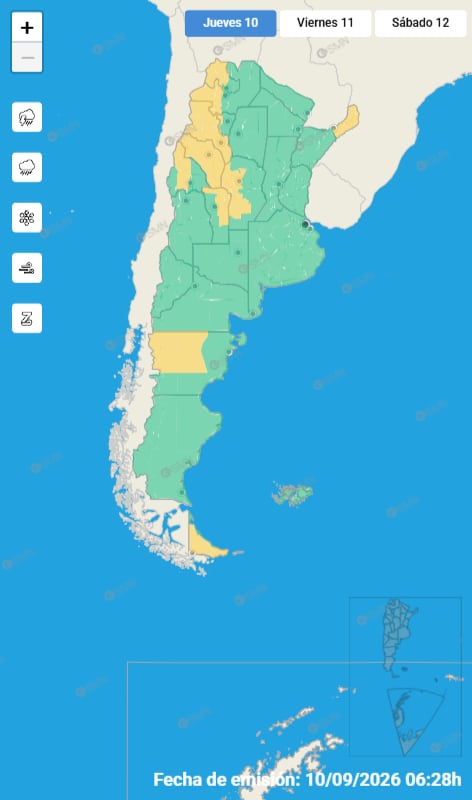 Un mapa del Servicio Meteorológico Nacional señala áreas bajo alerta meteorológica en el territorio de Argentina para el jueves 10 de septiembre.