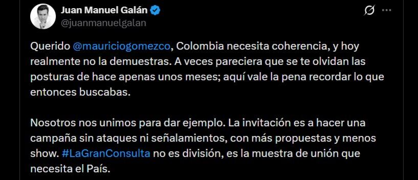 Juan Manuel Galán le respondió a Mauricio Gómez Amín por sus críticas a la Gran Consulta por Colombia - crédito @juanmanuelgalan/X