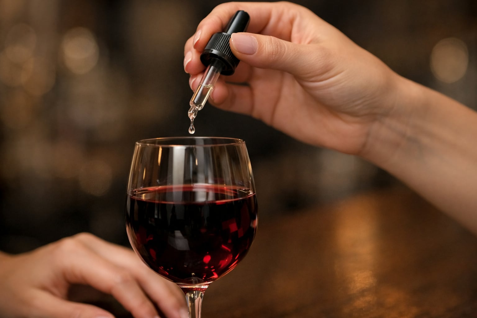 Una mujer vierte gotas de una presunta sustancia peligrosa con un gotero en una copa de vino tinto. (Imagen Ilustrativa Infobae)