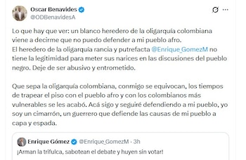 Óscar Benavides insistió en que Enrique Gómez no tendría legitimidad para intervenir en las discusiones relacionadas con las comunidades negras - crédito @ODBenavidesA/X