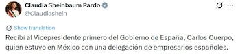 Mensaje de Claudia Sheinbaum. Crédito: @Claudiashein