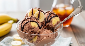 Un tazón de helado de chocolate y plátano con sirope de chocolate, virutas y rodajas de plátano. Plátanos y una jarra con bebida en el fondo.