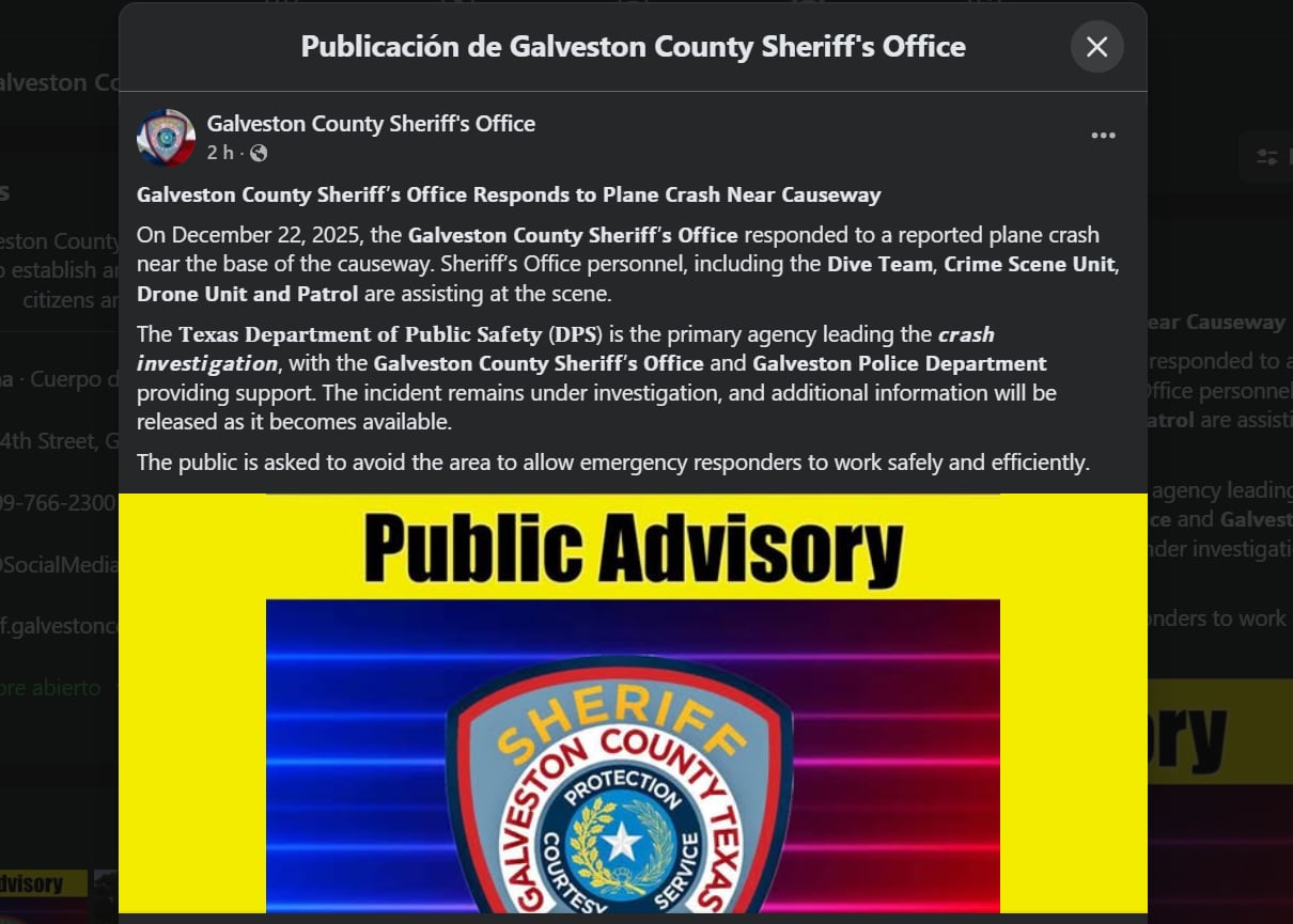 Parte de lo ino9rmado por las autoridades locales (Facebook/Galveston County Sheriff