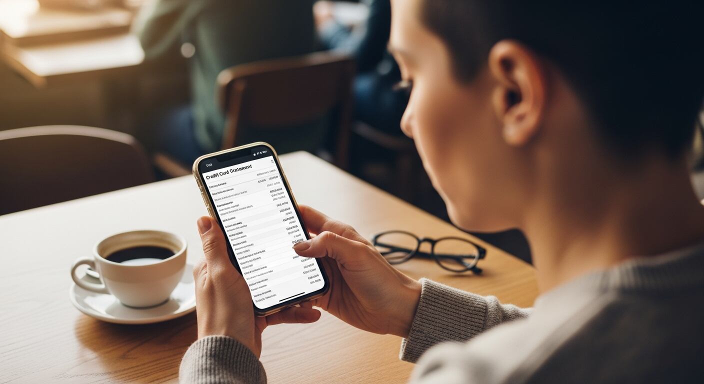 Una persona consulta el estado de cuenta de su tarjeta bancaria en su celular mientras toma café en una cafetería. (Imagen Ilustrativa Infobae)