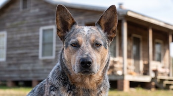 Perro Pastor ganadero australiano con pelaje gris, marrón y blanco. Primer plano de la cabeza y el pecho. Fondo desenfocado de una casa de madera.