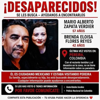 La pareja de mexicanos Mario Alberto Zapata Verdier (57 años), y Brenda Eloisa Flores Reyes (42 años) se hospedaba en el hotel Dibeni, en Pereira - crédito red social X