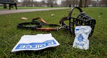 Una correa de perro y un bozal de plástico negro sobre césped verde mojado, junto a un papel blanco arrugado con el logo de la Policía Metropolitana.