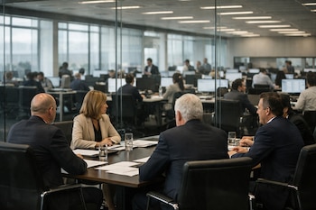 Cuatro personas sentadas en una mesa de reuniones de madera con papeles y vasos de agua, y al fondo, una oficina abierta con decenas de empleados en sus escritorios.