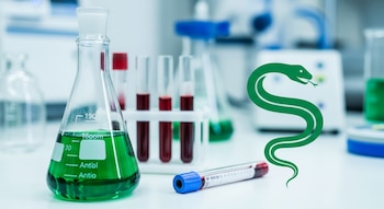 Matraz Erlenmeyer con líquido verde, gradilla con tubos de ensayo con sangre, un tubo de sangre y logo de serpiente verde, con fondo de laboratorio.