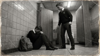 Fotografía borrosa en blanco y negro con marcas de desgaste de dos adolescentes uniformados en un baño. Uno sentado, otro de pie, mochila cerca.