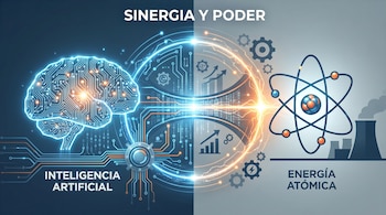 Ilustración de cerebro de circuitos (IA) a la izquierda y átomo con planta nuclear (energía atómica) a la derecha, unidos por luz brillante.