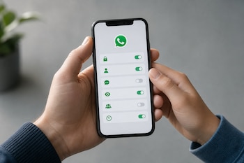 Dos personas sostienen un teléfono inteligente que muestra el logotipo de WhatsApp y seis controles ajustables en la pantalla.
