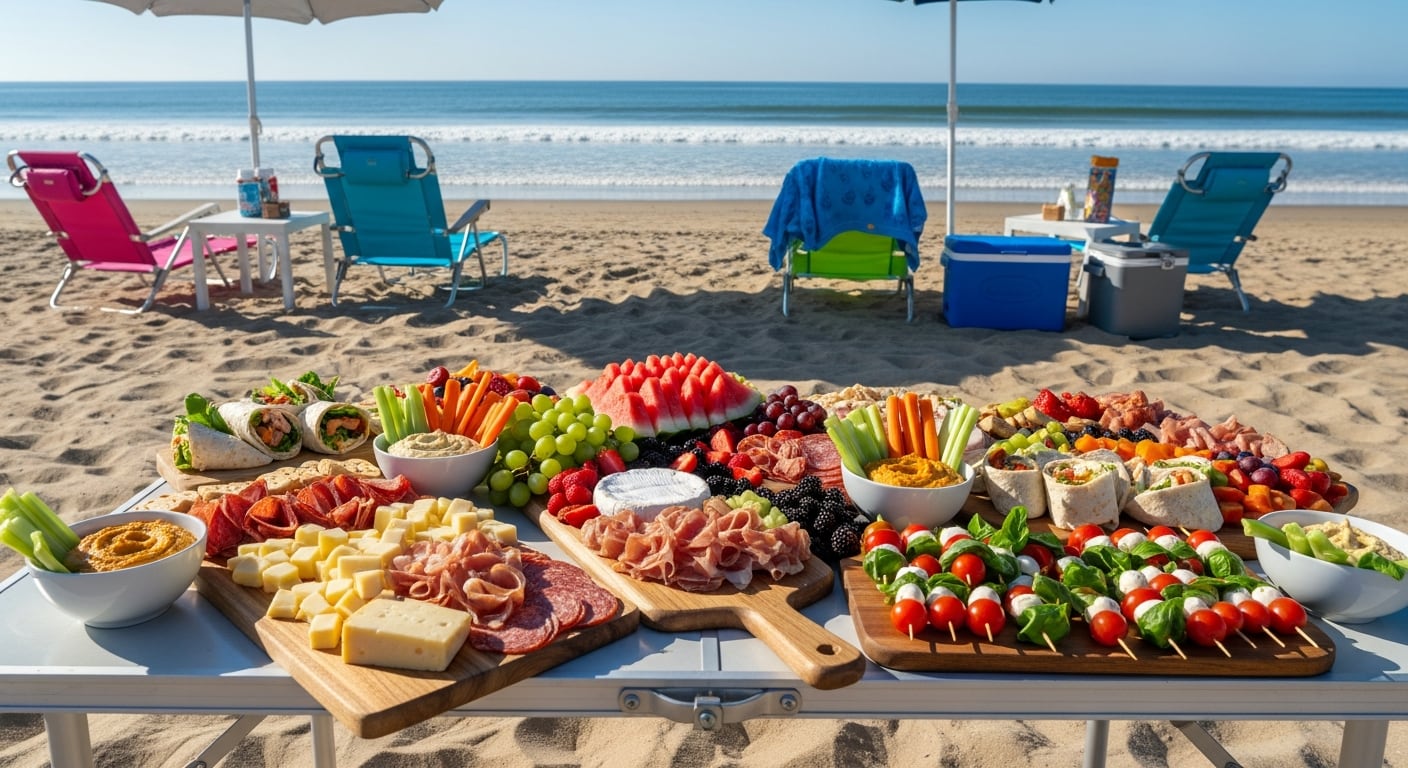 Una mesa repleta de aperitivos gourmet, frutas frescas, embutidos, wraps y vegetales junto al mar, en pleno día soleado. Al fondo, se observan sillas de playa y sombrillas, donde los asistentes disfrutan de la brisa marina y una vista panorámica del océano. (Imagen Ilustrativa Infobae)