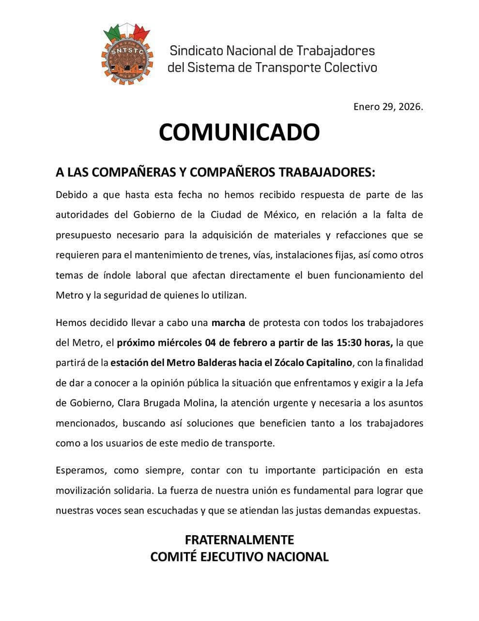 Trabajadores del STC Metro anuncian marcha (Sindicato Trabajadores STC Metro)
