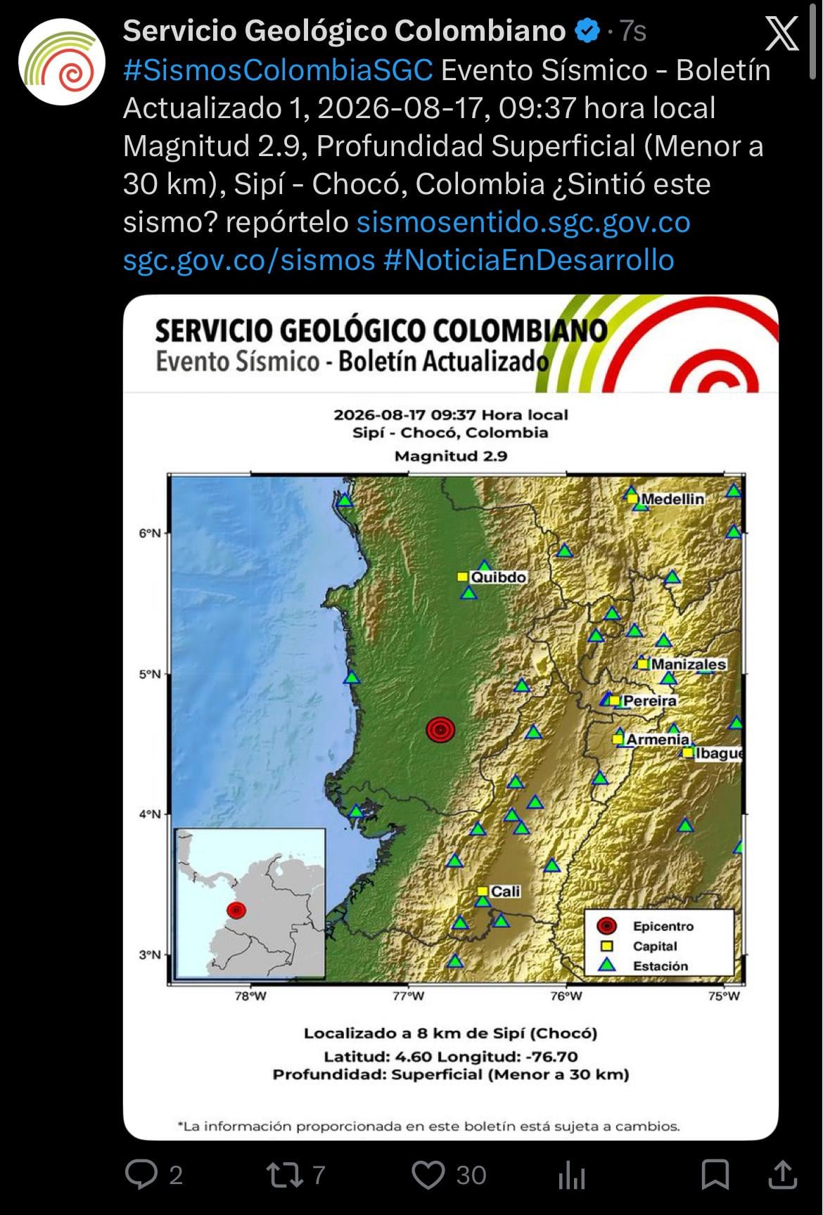 Tembló en Sipí, chocó, como una de las réplicas por el terremoto - crédito @sgcol/X