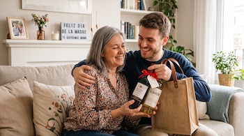 Una mujer y un joven sentados en un sofá sostienen dos botellas de vino junto a una bolsa de tela y un cartel conmemorativo.