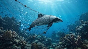 Delfín de Māui de color blanco y negro, con aleta dorsal triangular, atrapado en una red de pesca bajo un fondo submarino azulado.