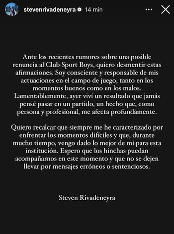 Publicación de Steven Rivadeneyra tras agresión de hinchas de Sport Boys.