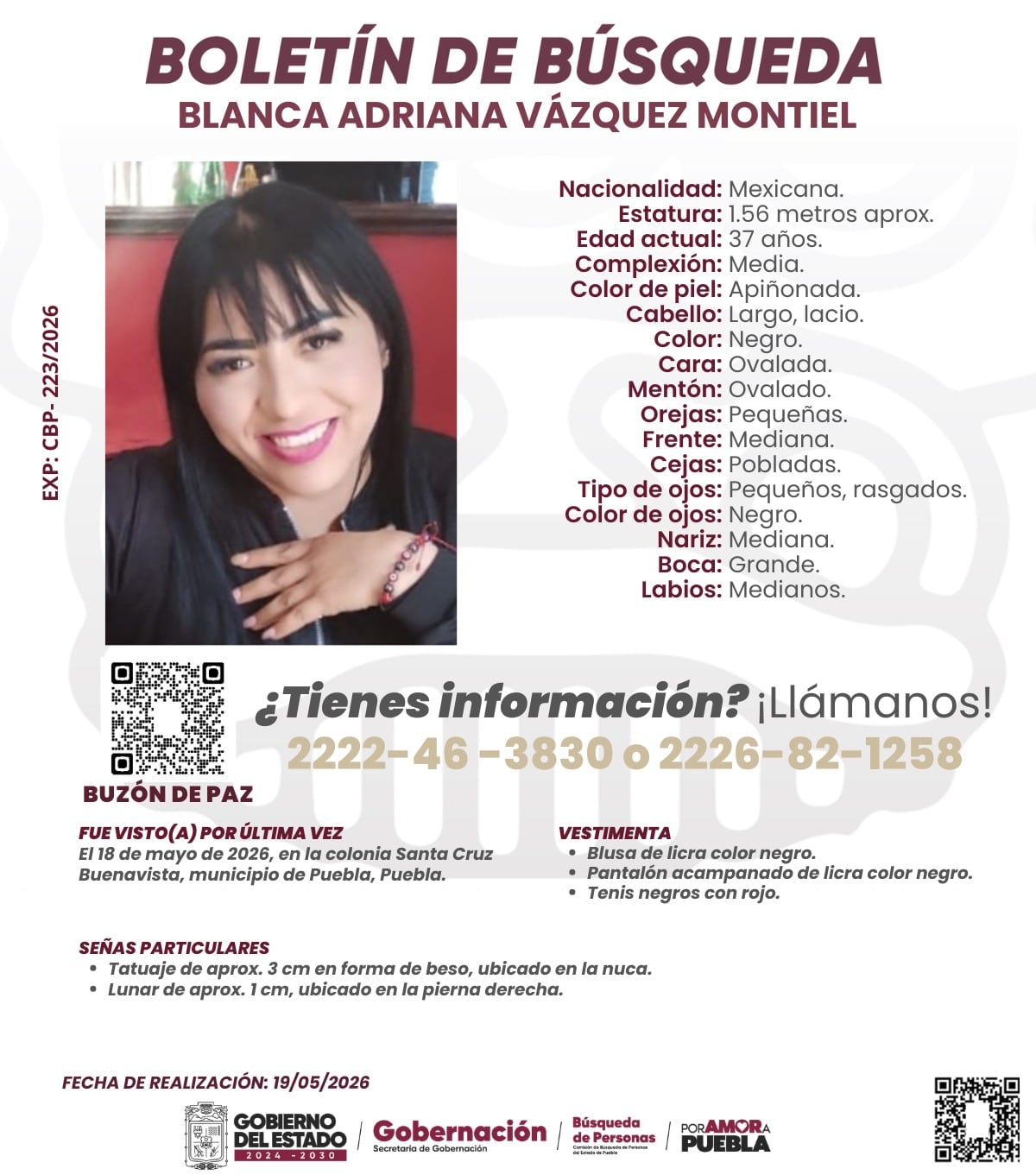Ficha de búsqueda de Blanca Adriana Vázquez Montiel. (Comisión Estatal de Búsqueda de Personas)