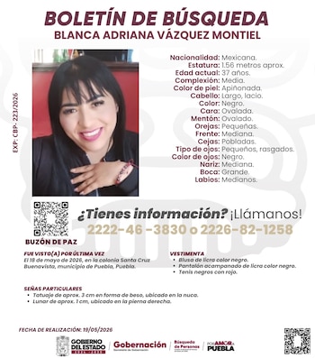 Ficha de búsqueda de Blanca Adriana Vázquez Montiel. (Comisión Estatal de Búsqueda de Personas)
