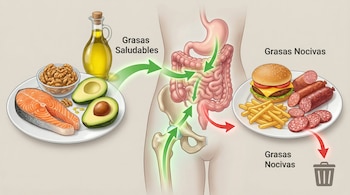 Ilustración de dos platos, uno con alimentos saludables y otro con ultraprocesados, junto a figura humana y flechas de absorción.