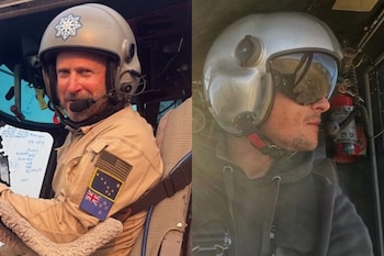 Dos fotografías de dos hombres dentro de una cabina que llevan cascos de vuelo y equipamiento de aviación