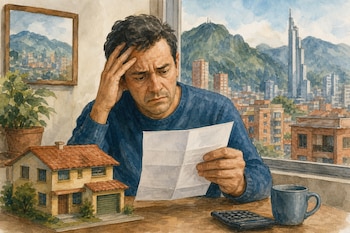 Ilustración en acuarela de un hombre sosteniendo un papel sobre un escritorio junto a una maqueta de casa, una calculadora y una taza.