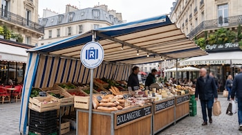 Puesto de mercado con toldo a rayas, panes, quesos, embutidos, verduras, cartel de Radical Storage y edificios parisinos.