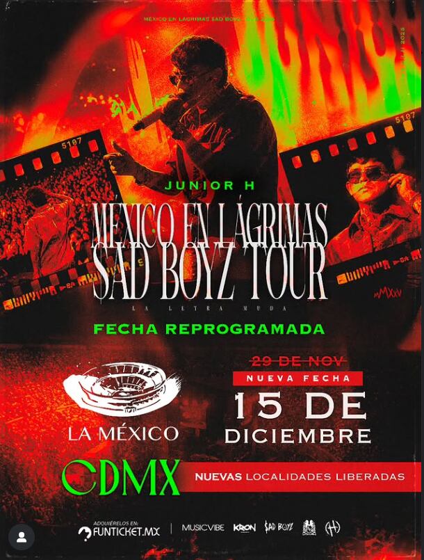 La promotora MusicVibe informó a través de su cuenta de Instagram que el concierto de Junior H programado para el 29 de noviembre en la Plaza México fue reprogramado para el 15 de diciembre.(Instagram: @musicvibemx)